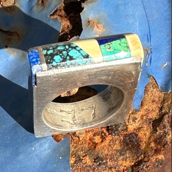 Vintage Sterling Silver Turquoise Inlay Square Ring Navajo Larry Castillo 7.5 - Picture 9 of 13